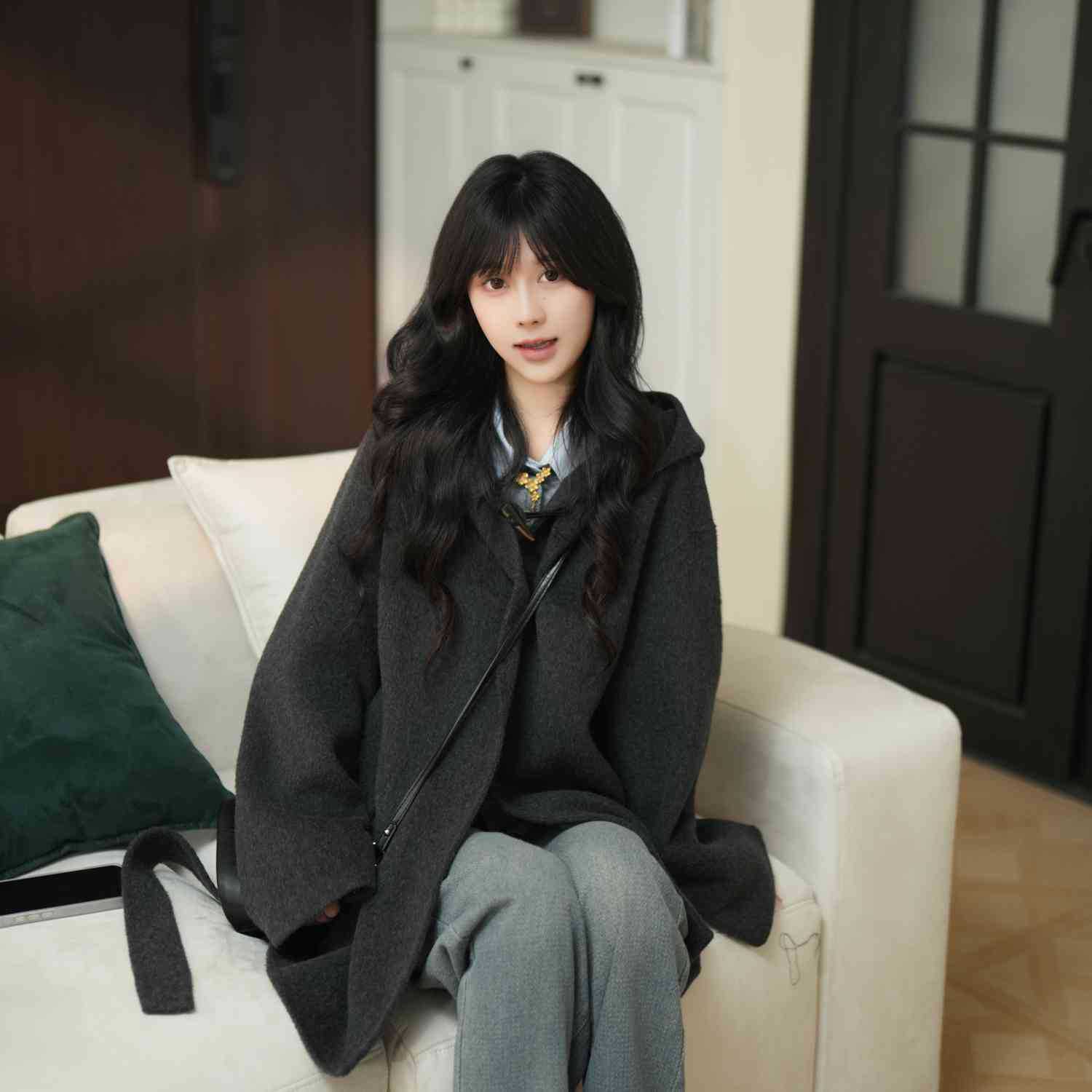 双面毛呢大衣韩版气质休闲慵懒小香风秋冬款时尚百搭洋气休闲宽松 S 摩登黑