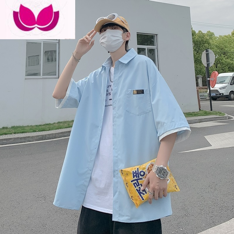 七斓夏季日系短袖衬衫男韩版潮流宽松外套ins潮牌港风百搭半袖上衣服
