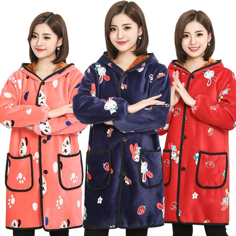 长袖秋冬保暖加绒加厚羽绒服罩衣成人围裙韩版时尚女法兰绒工作服