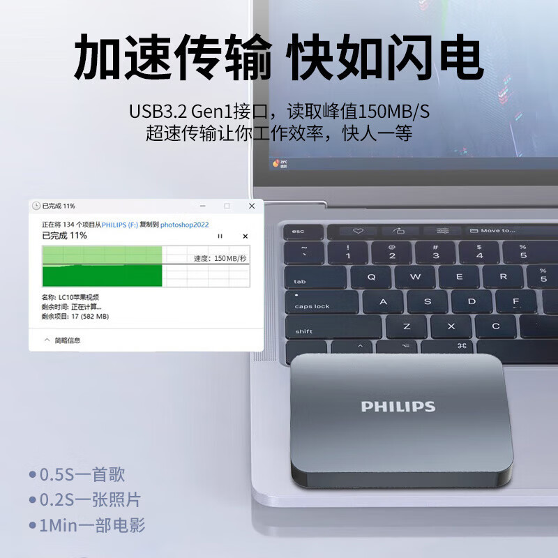 飞利浦(PHILIPS)1TB 移动硬盘 USB3.2Gen1 高速大容量21PD系列 2.5英寸 电脑机械硬盘 兼容M高清大图