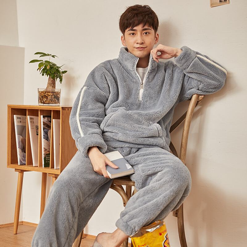 波迷娜bomina服男珊瑚绒加厚加绒可外穿套装金喜彩珊瑚绒睡衣男士季加