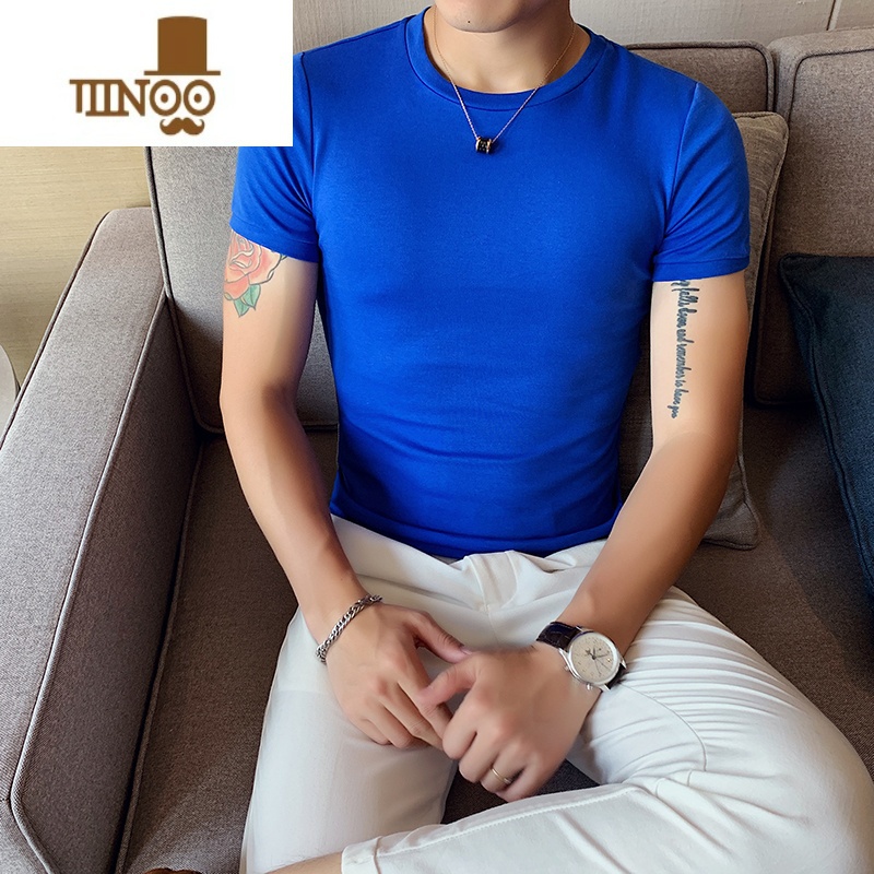 YANXU夏季新款个性时尚修身短袖男T恤韩版紧身圆领打底衫白t血桖潮半袖高清大图