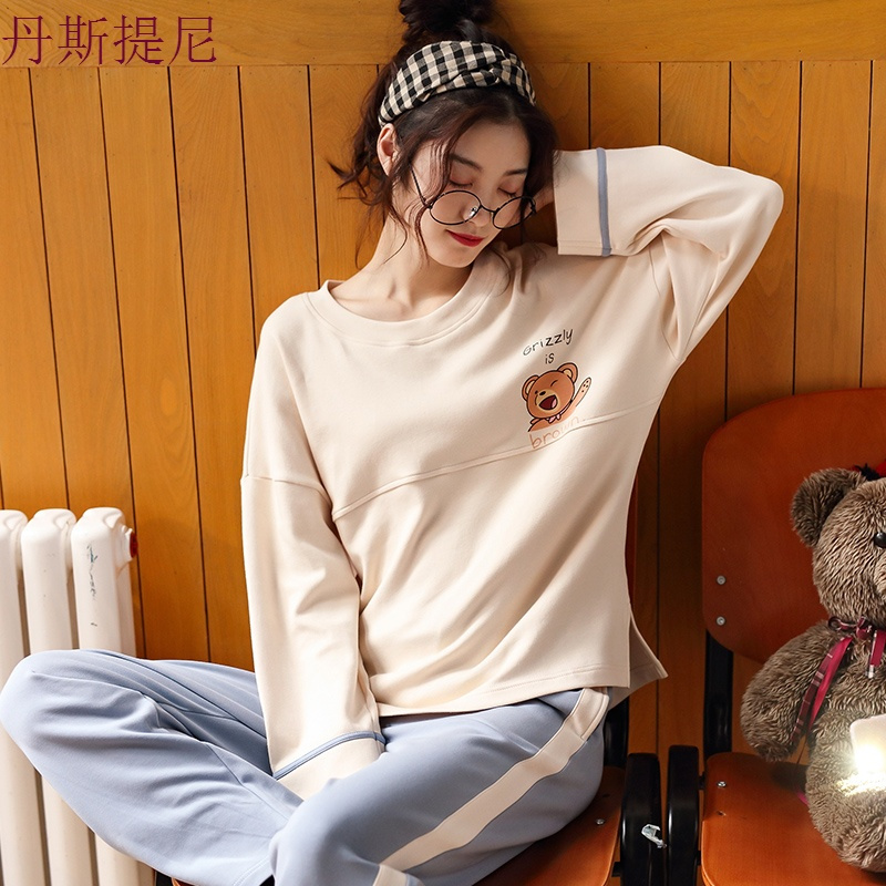 睡衣女春秋季薄款纯棉长袖套装韩版甜美可爱可外穿秋冬家居服秋天
