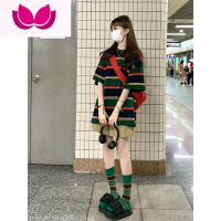 七斓网红甜酷休闲运动套装女夏美式校园风可爱红色条纹T恤短裤套