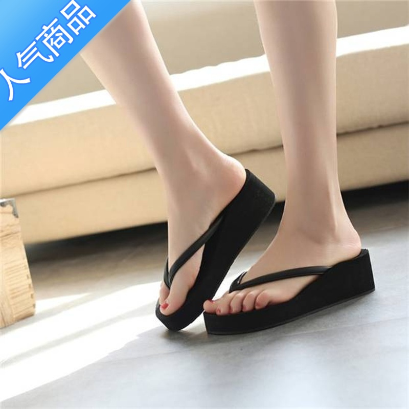 suntek夏季人字拖女防滑坡跟纯色凉拖鞋厚底防水台沙滩松糕鞋平跟凉拖