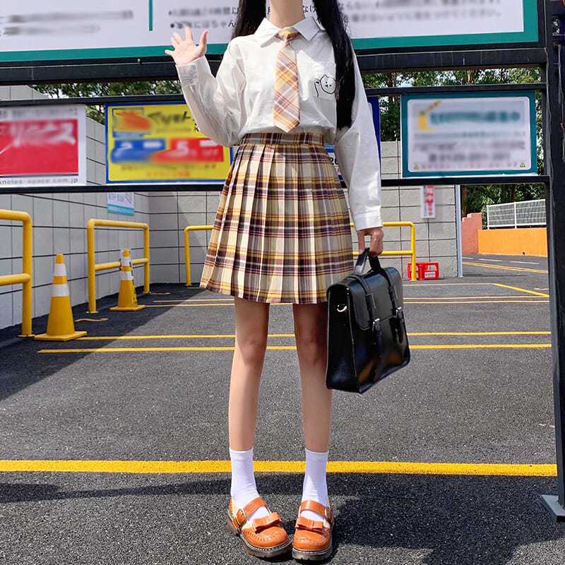 小清新套装女2021夏季新款衬衫短袖jk制服高腰百褶裙半身裙两件套 黄色格子裙 S