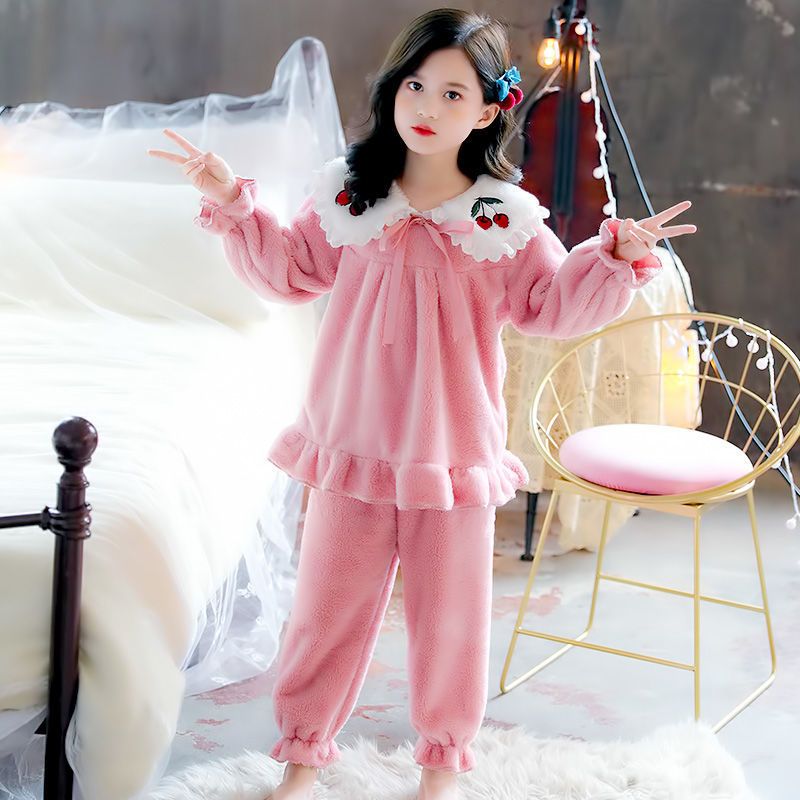 儿童睡衣冬季女童法兰绒珊瑚绒秋冬加厚女孩公主女宝宝家居服套装
