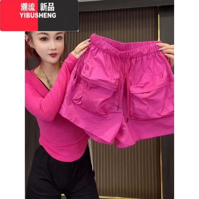 YIBUSHENG胖mm大码欧洲站欧货糖果色休闲裤显瘦遮肉短裤女设计大兜工装裤潮图片