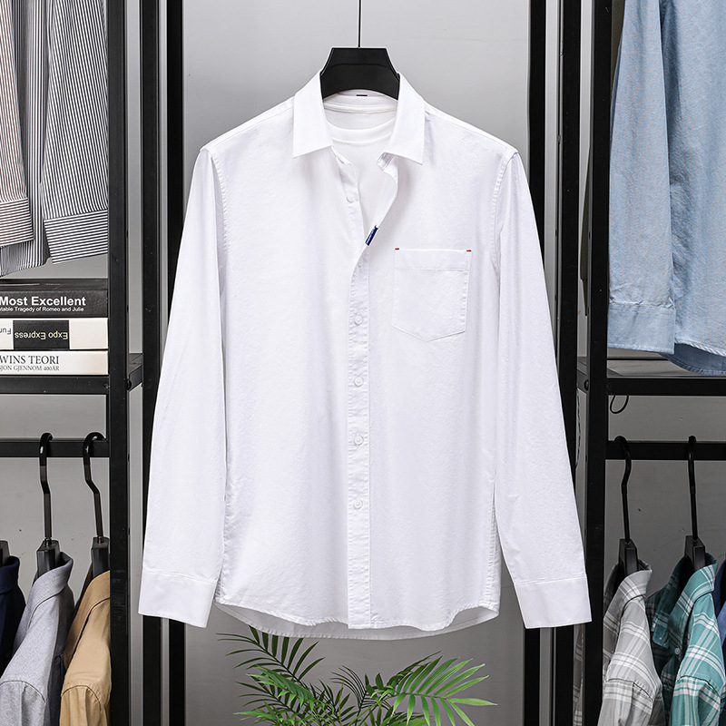 100%纯棉男士衬衫水洗津纺秋季新款真口袋翻领长袖衬衣男