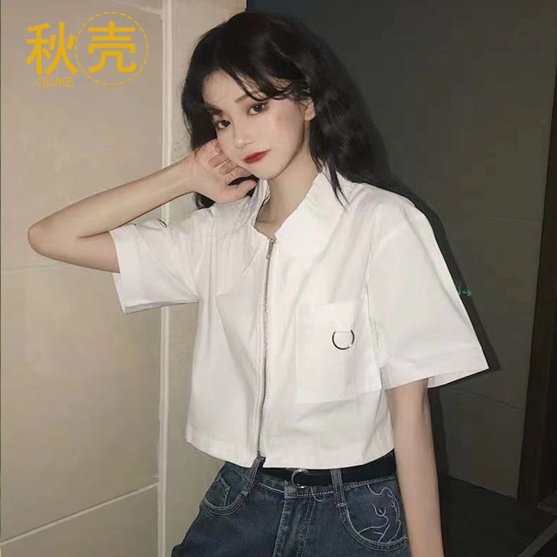 秋壳白色短袖衬衫女夏季学生工装别致上衣设计感小众polo衫短衬衣