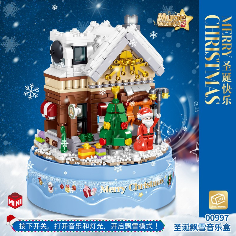 圣诞礼物飘雪圣诞树积木音乐盒圣诞节八音盒创意飘雪圣诞节儿童礼物男孩女孩拼装积木玩具