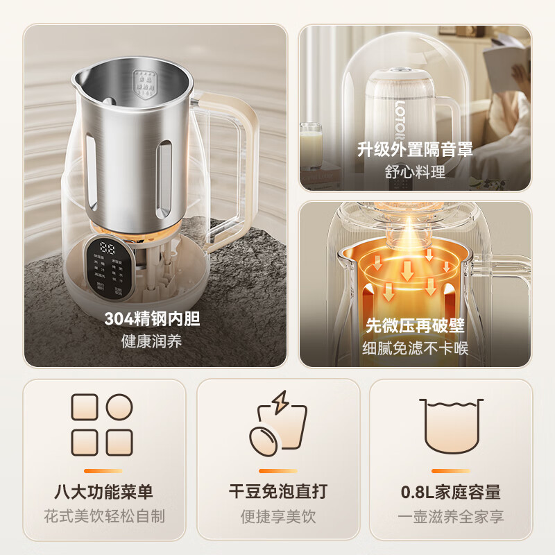 LOTOR徕多豆浆机小型家用破壁机全自动免煮静音料理机多功能辅食一键清洗防溢榨汁机4人