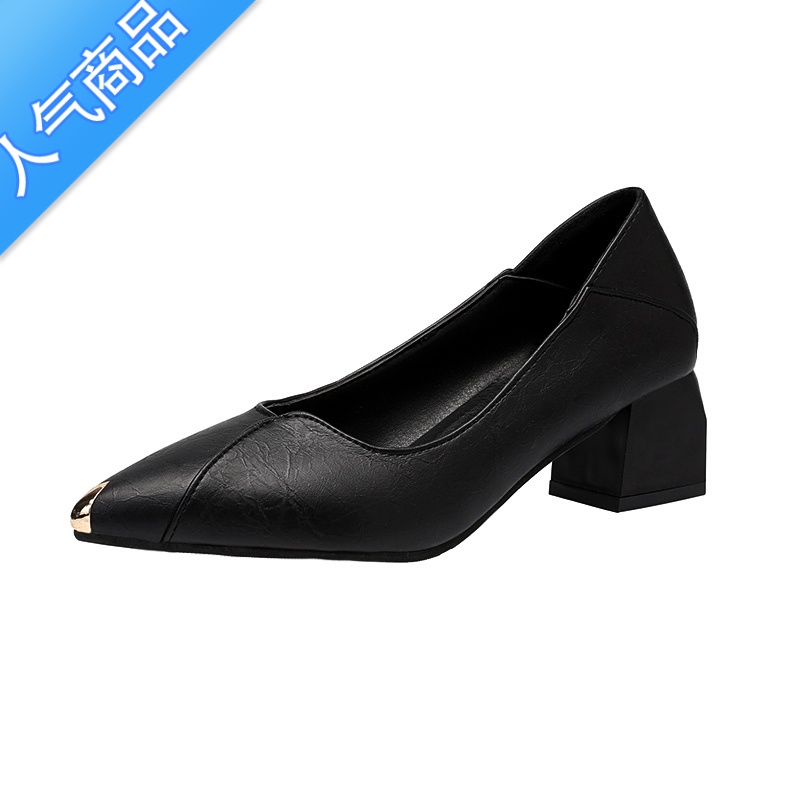 SUNTEK空乘高跟鞋女粗跟2023春秋新款百搭性感单鞋职业工作鞋黑色小皮空高清大图