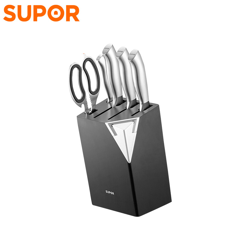 苏泊尔(SUPOR)菜刀不锈钢套刀厨房七件套组合切片刀果蔬刀剁骨刀剪刀水果刀磨刀器松木底座 TK1642E高清大图