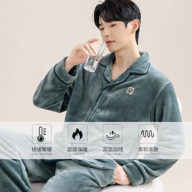 花花公子男睡衣冬季加绒加厚保暖珊瑚绒秋冬新款法兰绒家居服套花高清大图