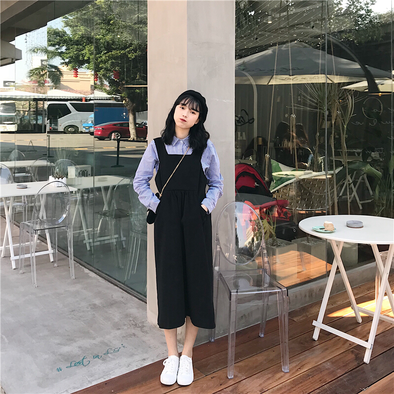 春季女装韩版宽松显瘦中长款无袖外搭背带裙学生连衣裙A字裙长裙黑色均码