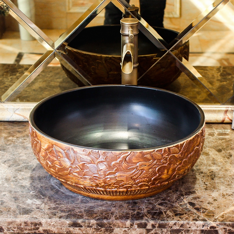 陶瓷盆卫生间台上盆圆形仿古古达洗脸盆复古洗手盆家用台盆面盆