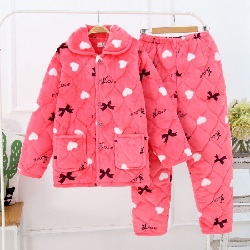 迪鲁奥(DILUAO)女冬季夹棉加厚纯棉月子服法兰绒夹棉三层保暖家居服套装睡袄图片