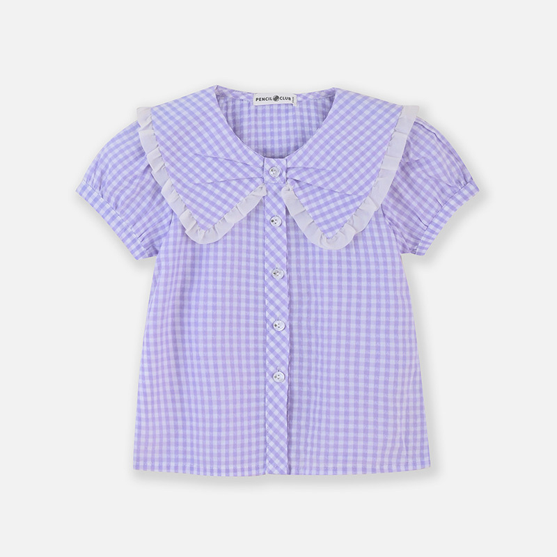 【1件3.5折】铅笔俱乐部2025年夏装新款女童衬衫儿童格子瑚蝶领衬衣中大童上衣 粉紫 120cm