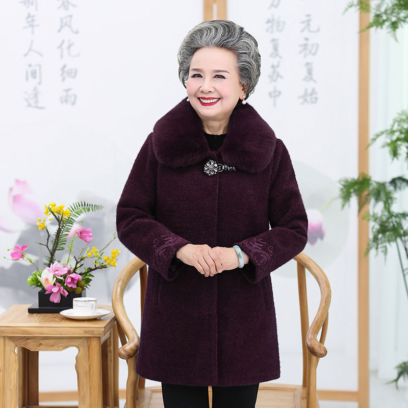 迪鲁奥（DILUAO)高端轻奢奶奶绒外套女老人棉大衣奶奶装冬装绒外套宽松妈妈呢子70岁老太 4XL(建议130-145斤) 紫色(上衣)