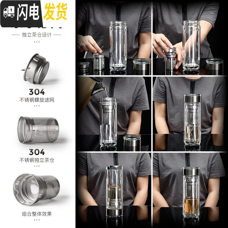 三维工匠水晶双层玻璃杯子ins风带盖便携保温茶水分离水杯过滤泡茶杯高清大图