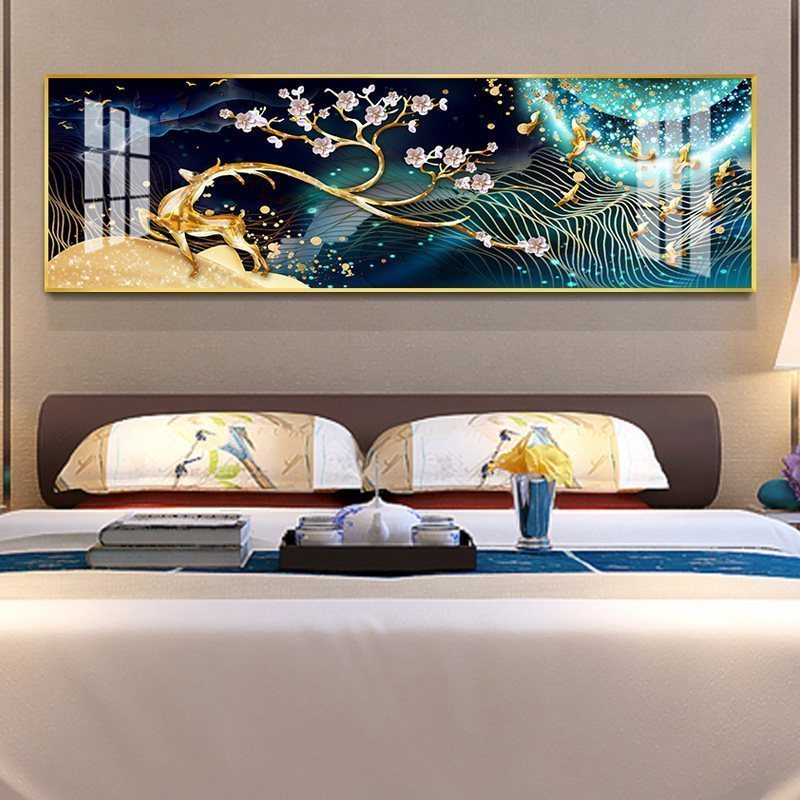现代床头横版一整幅装饰画卧室背景墙免打孔挂画北欧温馨轻奢壁画 梅花奔鹿【金色边框】 90×180cm晶瓷画（晶瓷_714