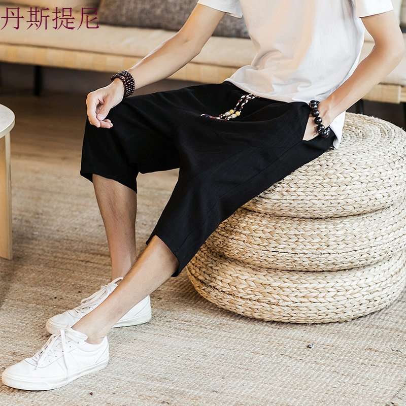 男士七分裤夏季亚麻短裤子潮流宽松休闲裤韩版中裤夏天薄款7分裤