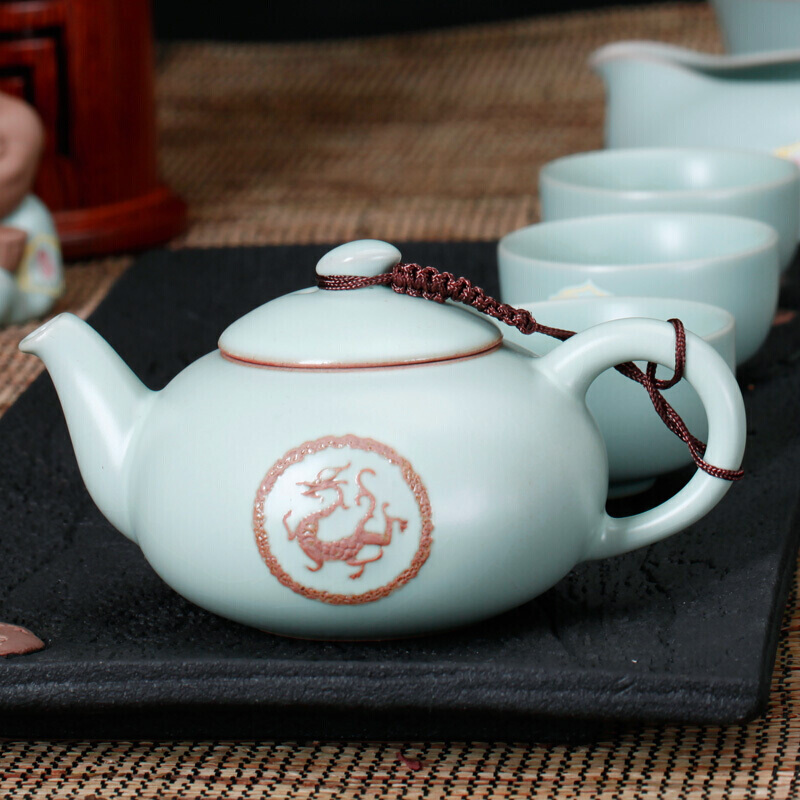 东道 汝窑 青瓷陶瓷套装茶具 天龙天乐壶组 一壶三杯 开片可养 天青色高清大图