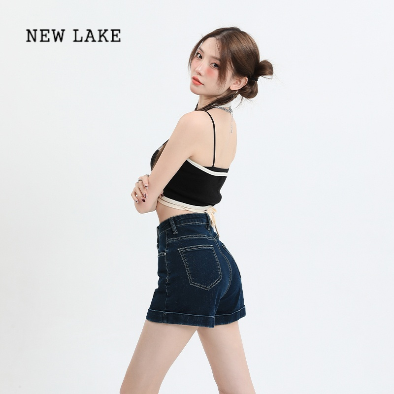 NEW LAKE黑色牛仔短裤女夏季薄款2024年新款高腰美式包臀显瘦卷边a字热裤