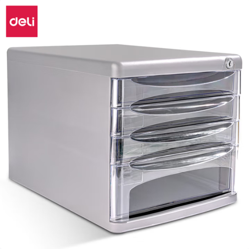 得力(deli)四层带锁文件柜 办公桌面带索引标签可视抽屉式收纳文件柜 灰色 9794