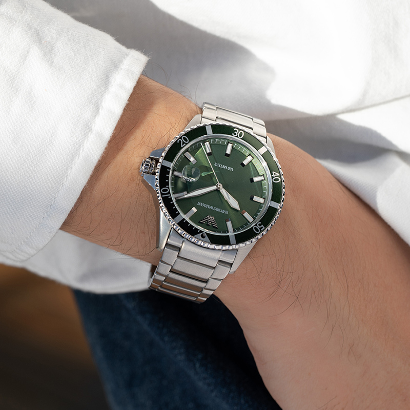 阿玛尼(emporio armani)手表男表 钢带休闲商务经典绿水鬼腕表 送男友