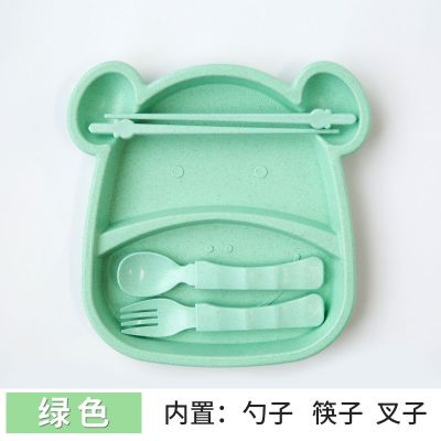 小麦秸秆宝宝吃饭碗儿童餐盘可爱防摔餐具套装水果盘菜盘分格餐盘 绿色[小麦餐盘]