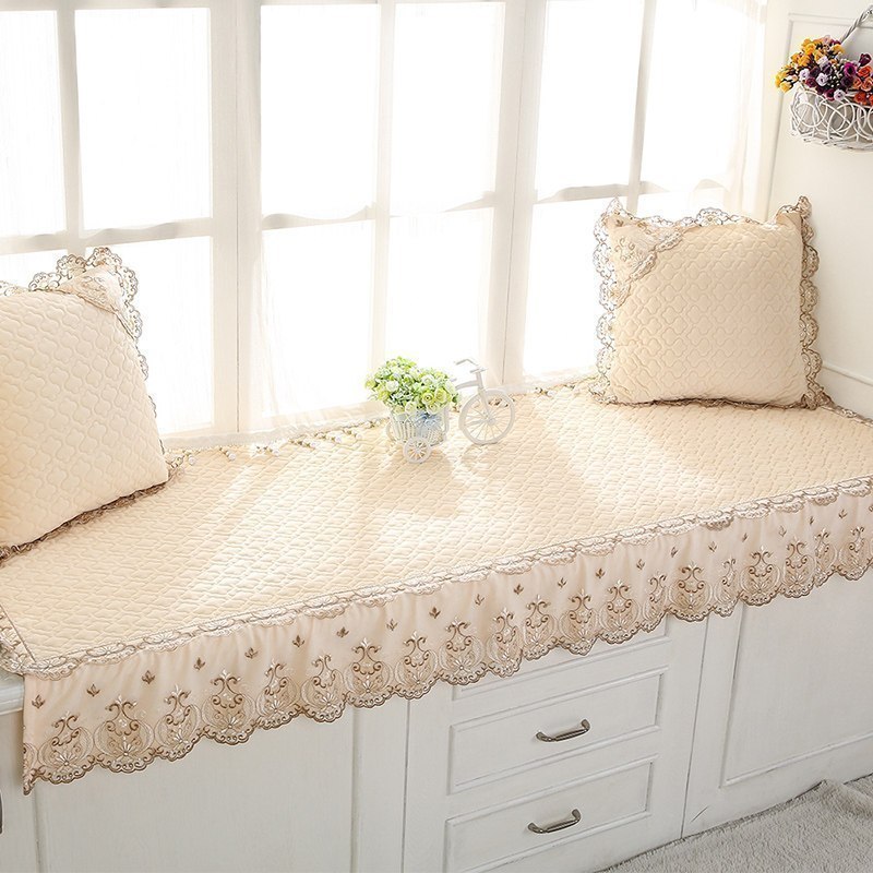 汐岩窗台垫北欧飘窗垫四季卧室飘窗榻榻米垫可机洗公主房阳台垫子定做 昔云-米色(60宽+15裙摆)*180长