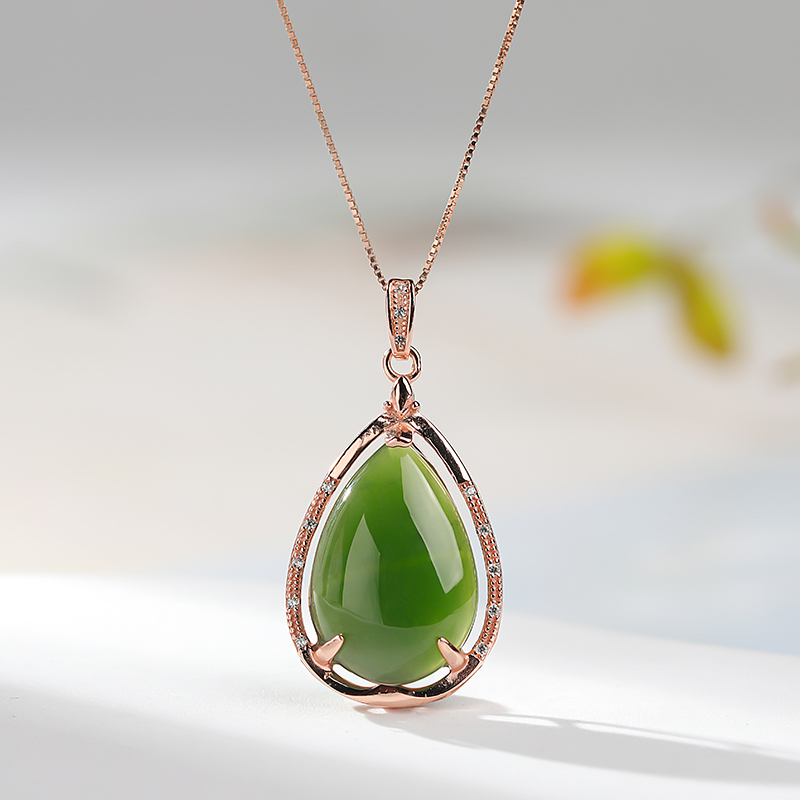 印象眸s925银镶和田玉吊坠银镀玫瑰金镶碧玉水滴形女款玉石挂件附送