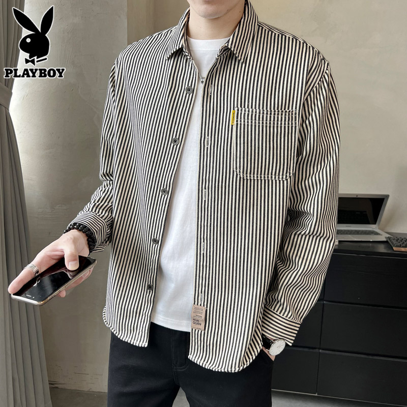 花花公子长袖衬衫男士纯棉条纹上衣服2025年秋季休闲外套衬衣男上高清大图