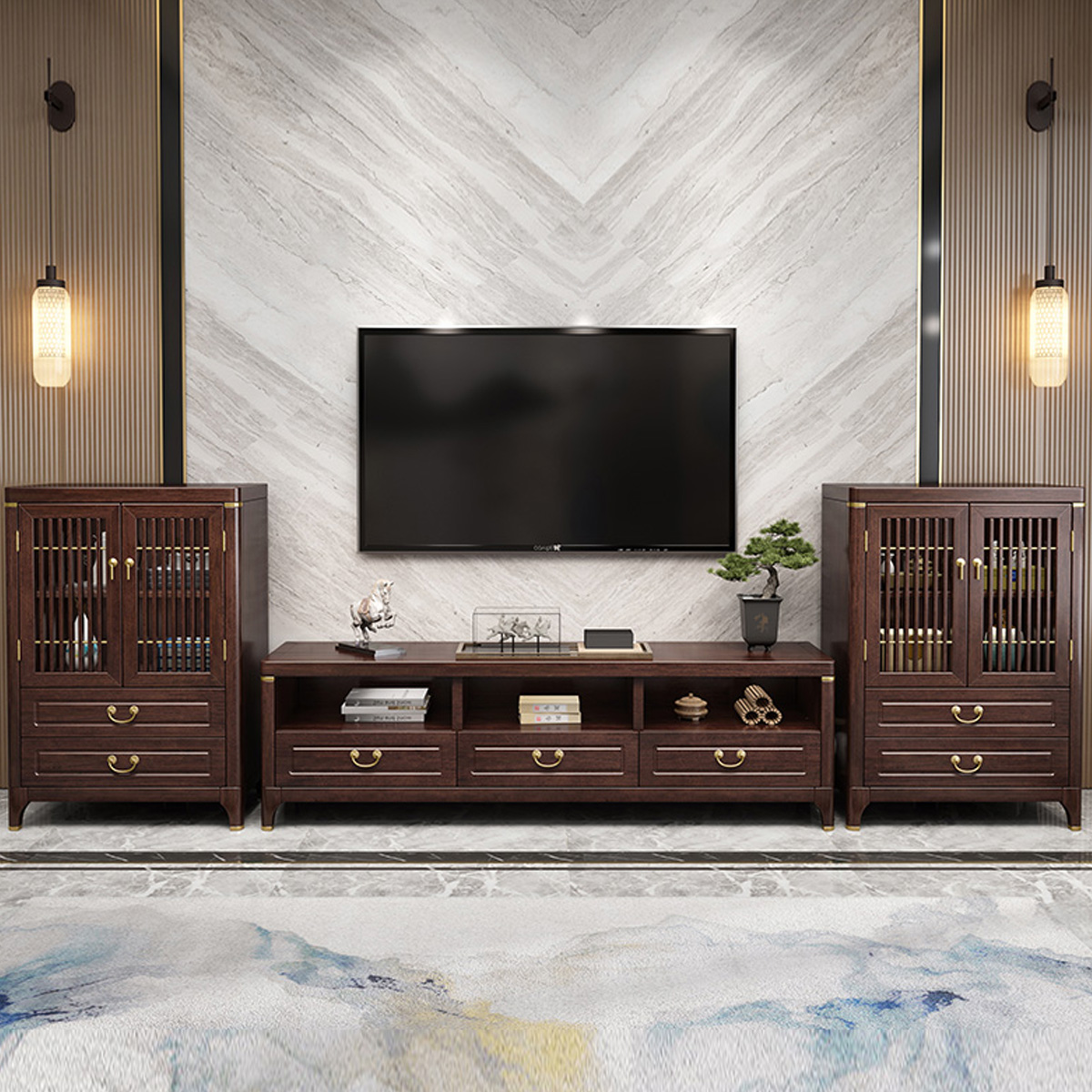月影梳桐新中式实木电视柜组合紫金檀木红木客厅配套家具落地储物柜子