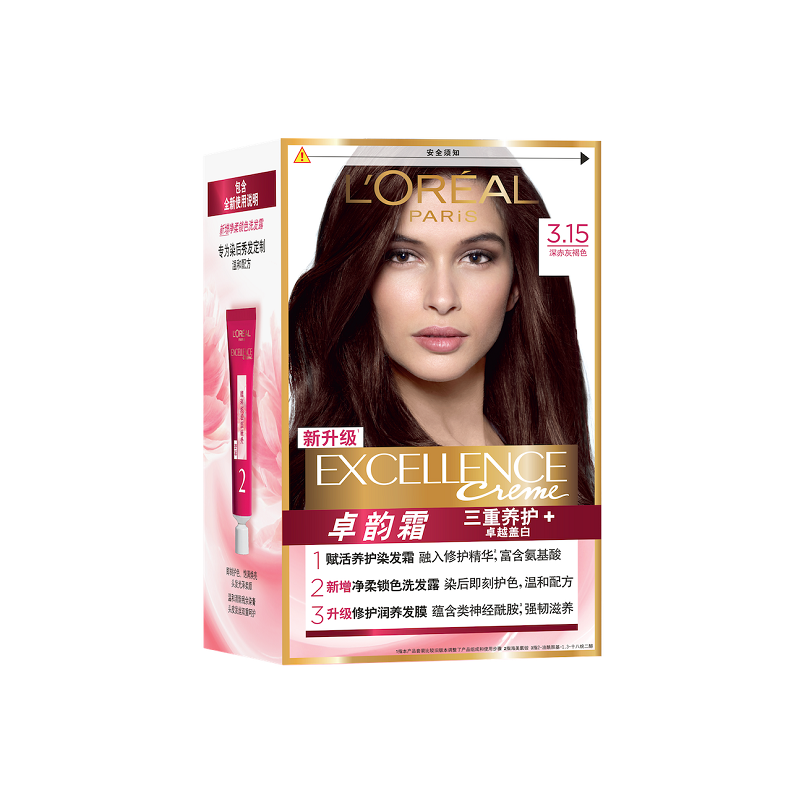 欧莱雅卓韵霜赋活养护染发霜3.15号(深灰赤色)精华乳12ml+染发霜48ml+敷用剂72ml+护发乳40ml+上色梳高清大图