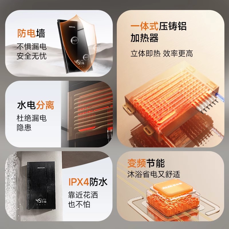 奥克斯即热式电热水器家用小型变频恒温速热卫生间洗澡淋浴免储DSK-650B19 6500W 黑色 变频恒温高清大图