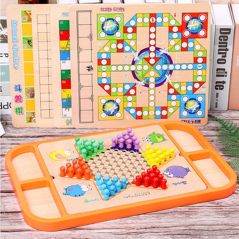 儿童跳棋木制多功能游戏棋五子棋象棋斗兽棋成人玩具|三合一B:跳棋蛇棋