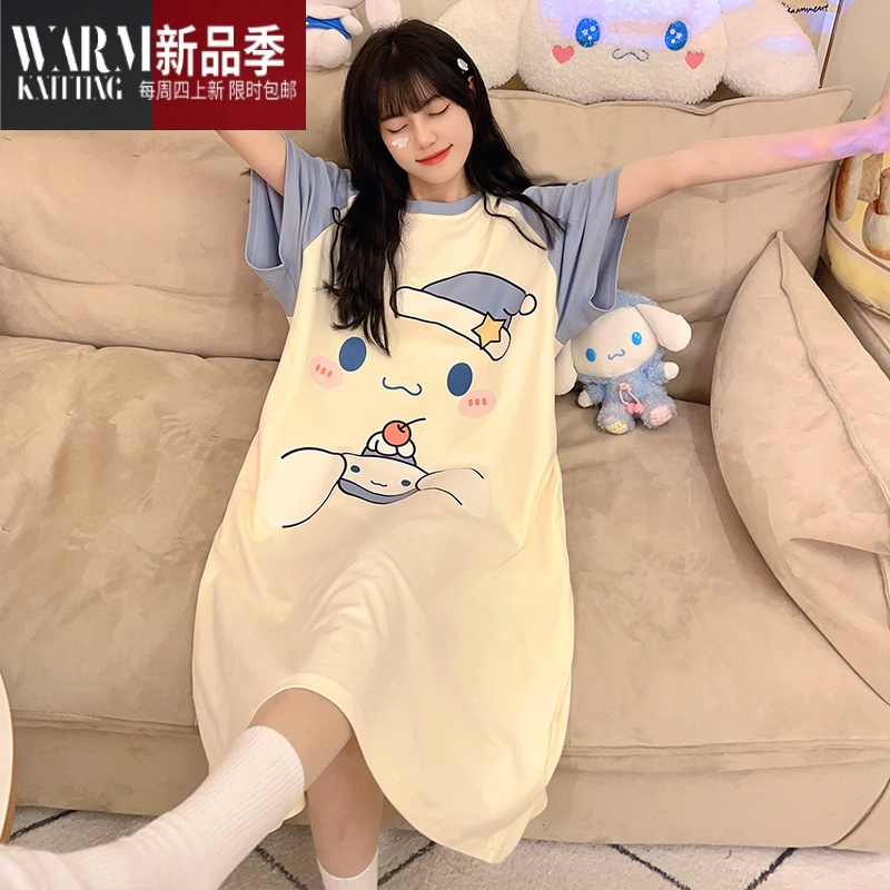 SHANCHAO自带胸垫睡裙短袖宽松睡衣女夏季卡通可爱玉桂狗中长款家居服
