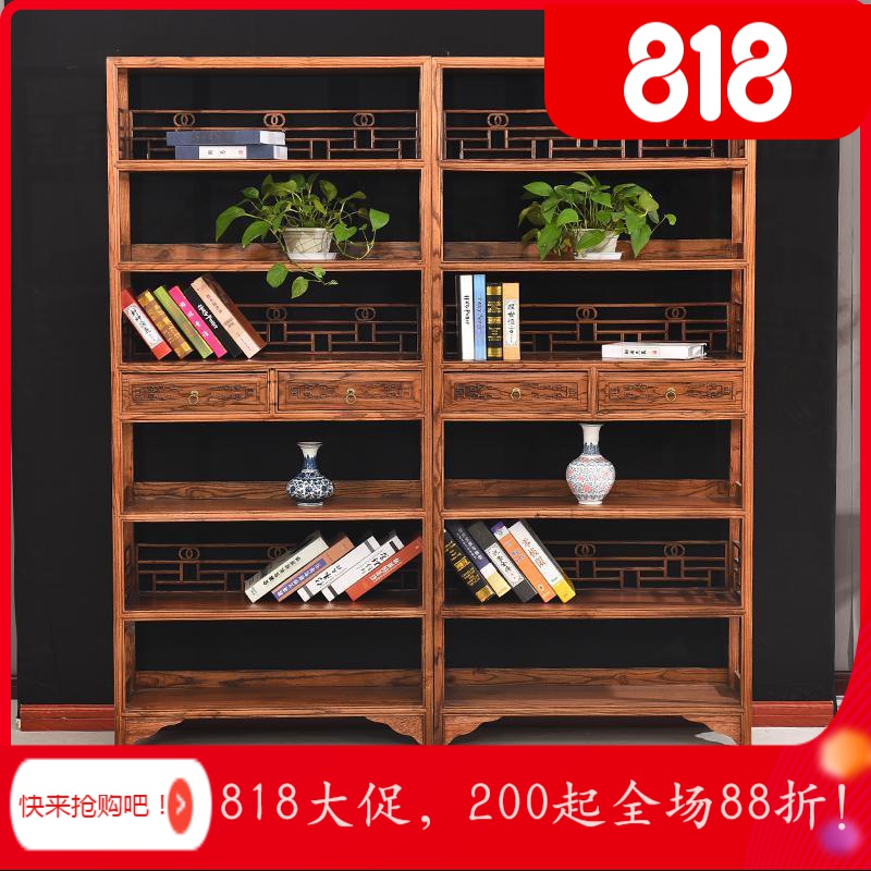 BONJEAN博古架实木新中式多宝阁茶叶展示陈列柜茶室置物古董货架客厅隔断 六层两斗书架单个1米以下
