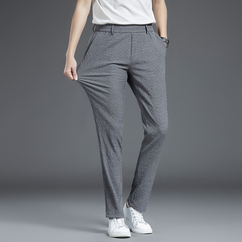 薄款冰丝凉爽休闲裤男士褶皱肌理纹松紧腰长裤子夏季直筒潮流男高清大图
