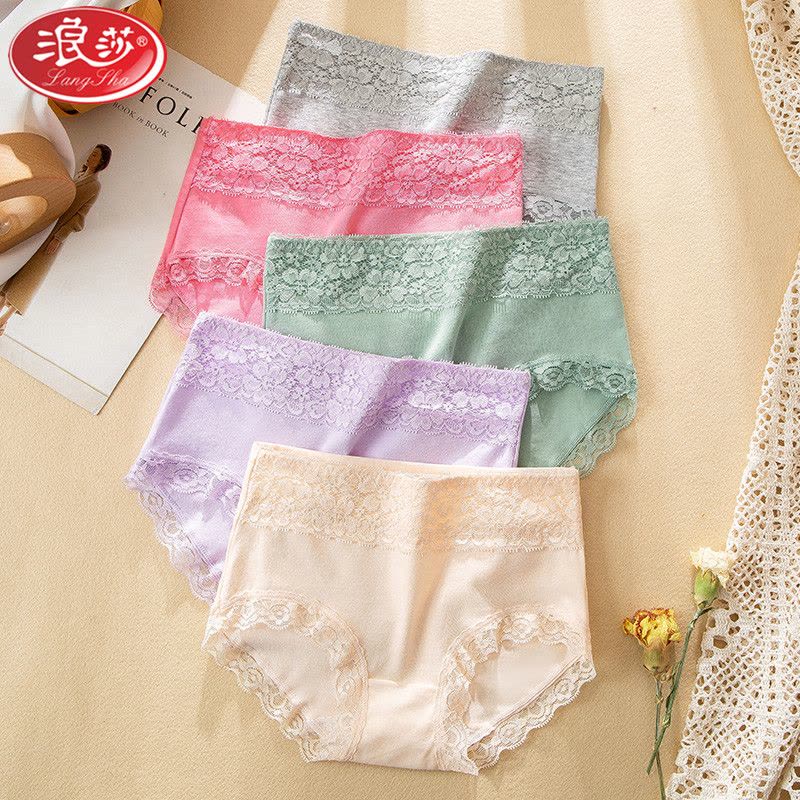 浪莎langsha女士纯棉内裤女高腰收腹短裤衩少女学生日系蕾丝三角裤头4条图片