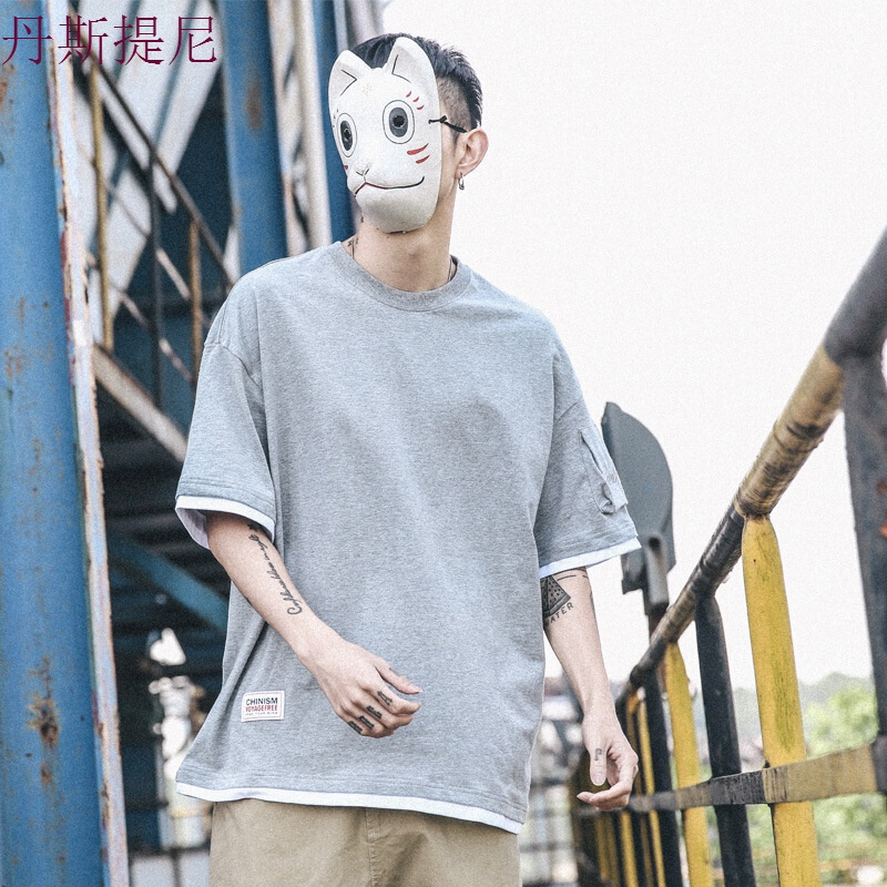 东京衣柜夏季新款日系撞色假两件男女情侣休闲短袖T恤学生半袖tee