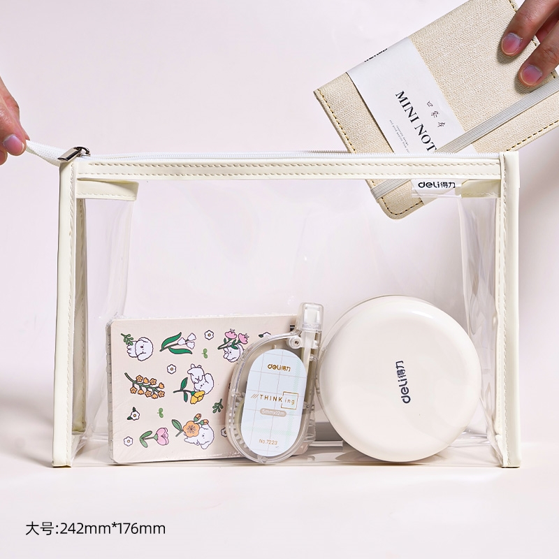 得力deli透明笔袋大容量女简约初中生高颜值高中生小学生日系文具袋
