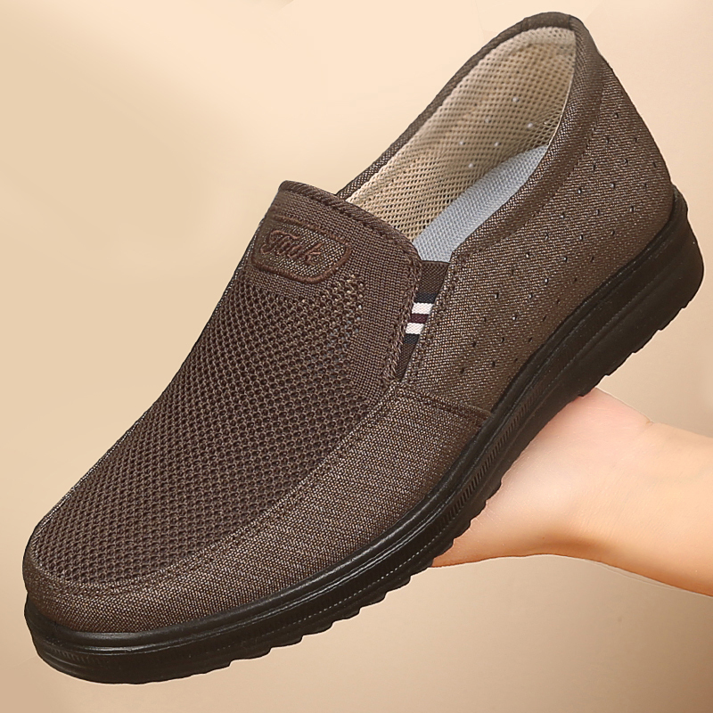 老北京布鞋男网鞋中老年人夏季透气加宽爸爸鞋镂空软底开车鞋网面