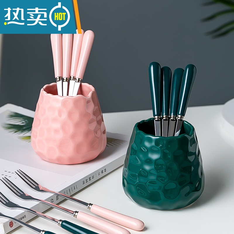 敬平创意不锈钢水果叉子北欧收纳罐网红点心叉甜品叉果签 樱花粉金色水果三齿叉高清大图