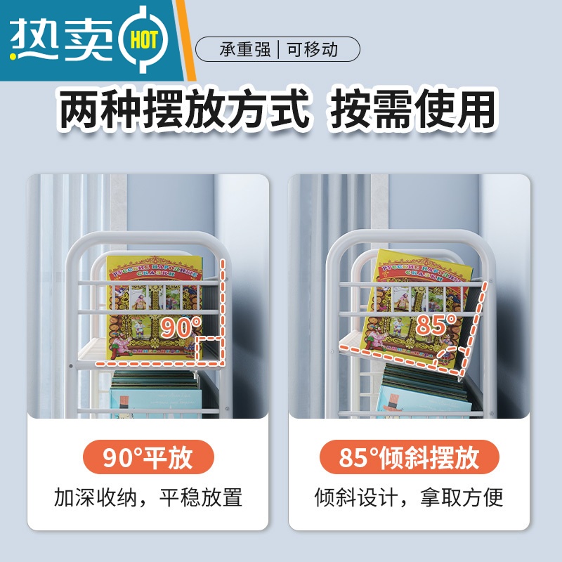 敬平书架落地儿童置物架书柜简易铁艺绘本架可移动收纳架家用卧室宝宝高清大图