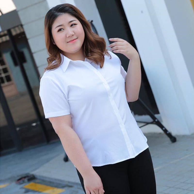 大码短袖白衬衫女胖mm200斤加大宽松工作服职业工装正装加绒衬衣短袖