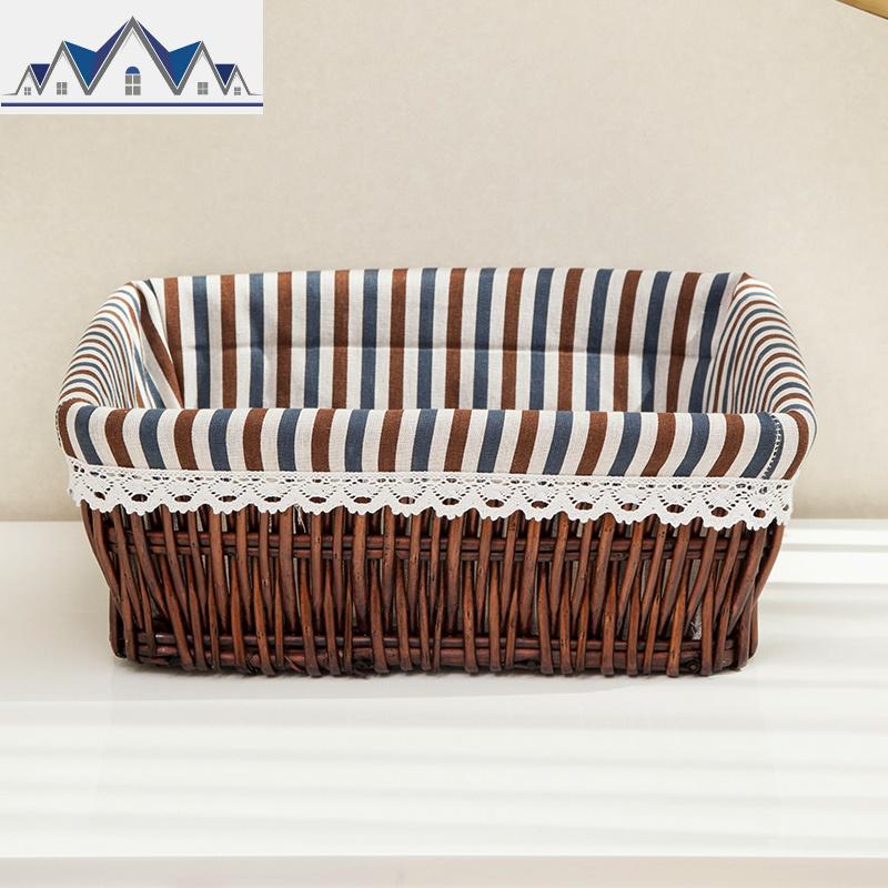 收纳筐藤编水果筐柳编篮子零食筐框编织收纳筐布艺收纳篮竹筐藤筐 三维工匠 咖啡色+条纹内衬四号30X20X12